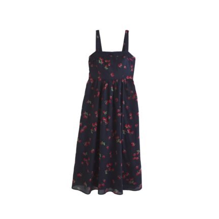 Voxlena Strawberry Print Sleeveless Midi Dress With Square Neck Summer Silhouette